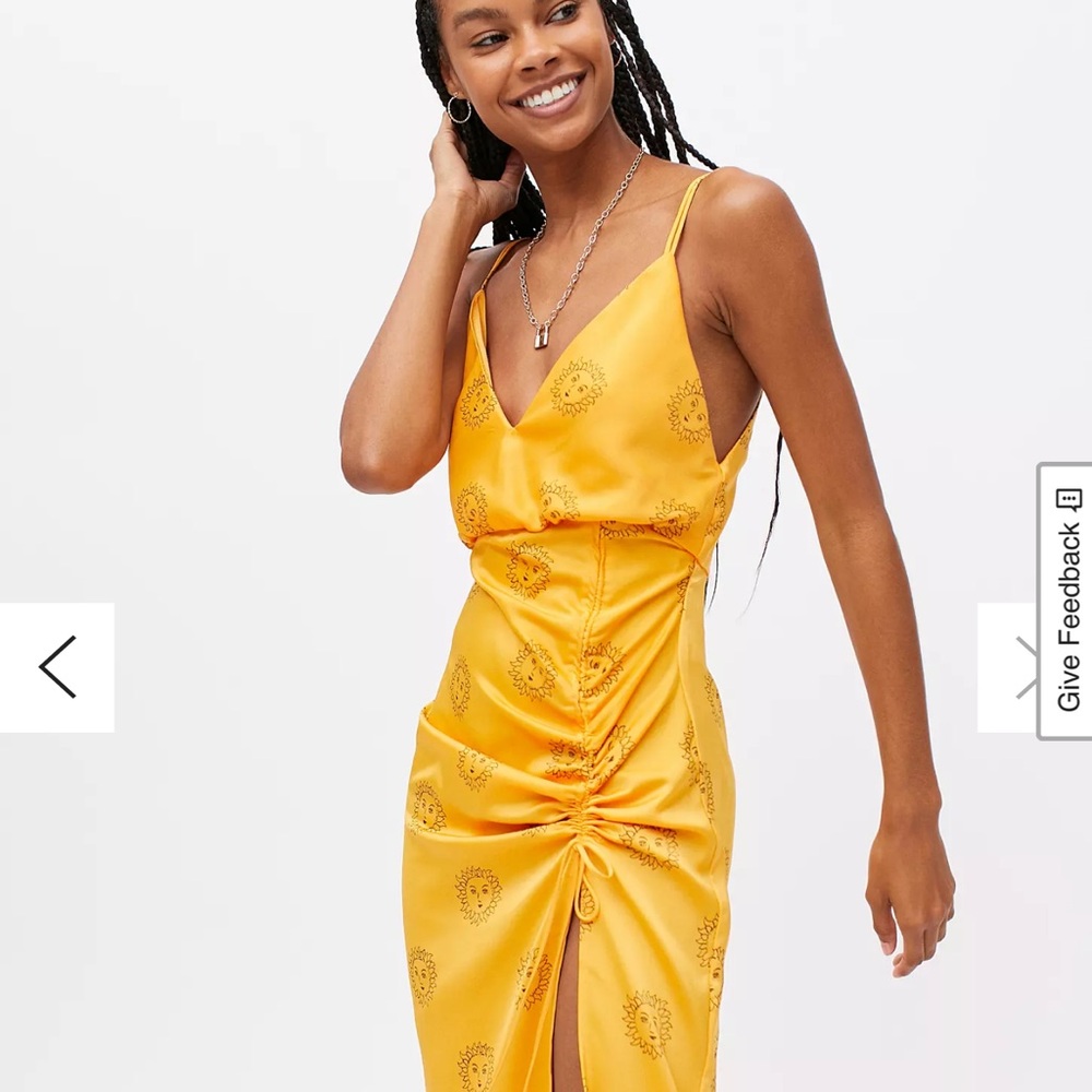 Urban Outfitters Satin Slip Yellow Ruched Midi Dress